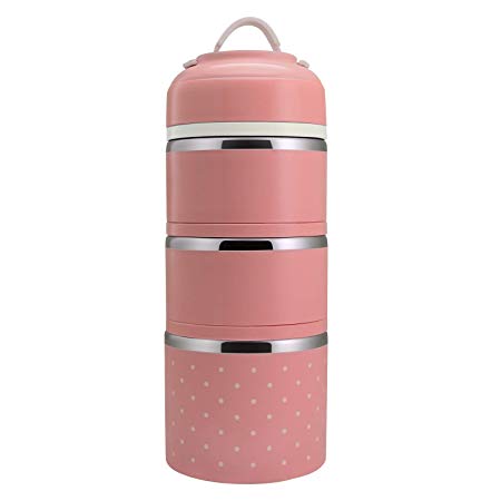 FuJia Insulation Thermal Lunch Box 3 Layers Food Grade Stainless Steel Portable Bento Box with Handle (Pink)
