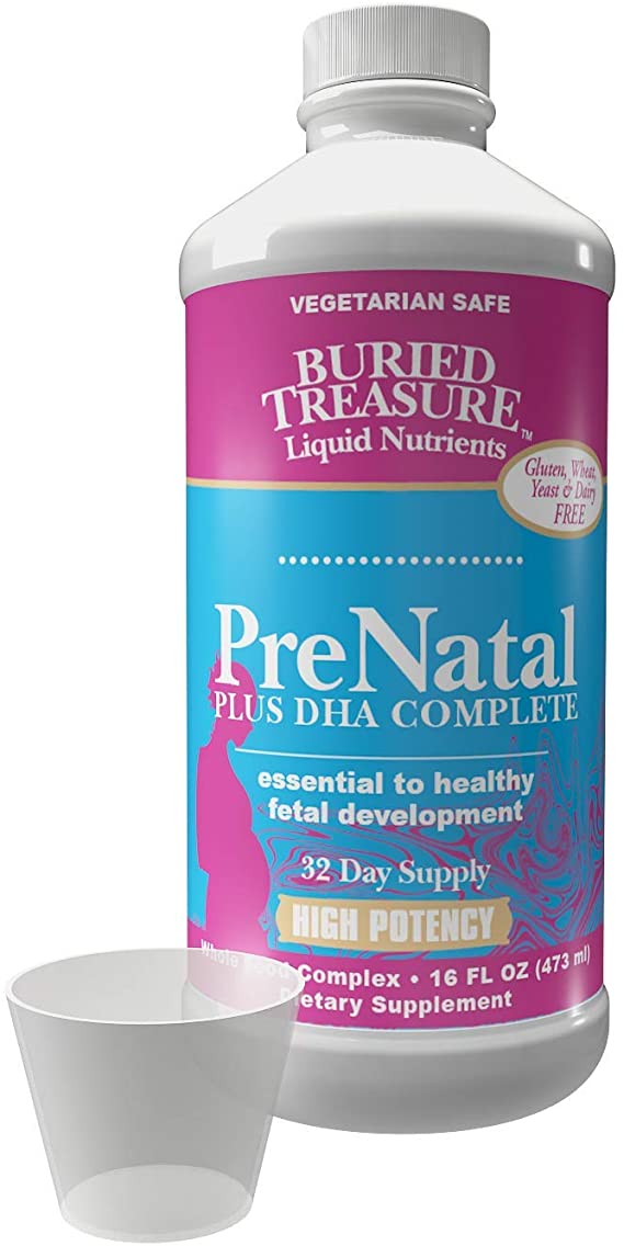 Buried Treasure Prenatal Plus DHA Complete High Potency Liquid Formula Supplement for Before, During, Post Pregnancy, Non-GMO Plant Based Natural DHA Omega3 Iron Vegetarian Safe, 16 oz w/ Dose Cup