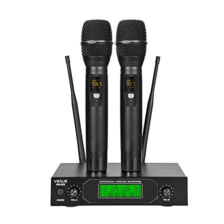 Wireless Microphone, VeGue Dual UHF Cordless Mic Set with Handheld Metal Mics, Interference-Free 300ft Long Operation, Ideal for Karaoke, Party, DJ, Church, Wedding, Class Use