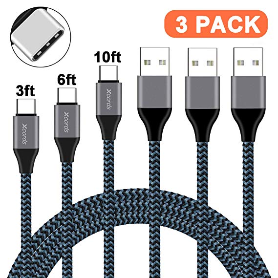 USB Type C Cable, Xcords 3Pack 3FT 6FT 10FT USB A to USB C Cable, Upgraded Premium Nylon Braided Fast Charger Compatible Galaxy S9/S8 Plus/Note 9/8 Google Pixel/Moto Z Z2 / LG V30 / Nintendo Switch