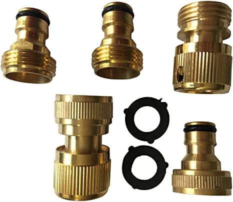 Premium Quality Brass Quick Connect Adopters Connectors Set of 5Pcs - 1 Female Tap Adoptor 1 Tap Side Male Garden Hose Connector 1 Watering Accessory Connector and 2 Watering Accessories Male Adopters (1)