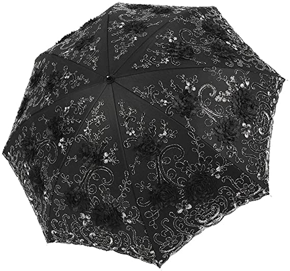 Honeystore Vintage Lace UV Sun Parasol Folding 3D Flower Embroidery Umbrella 6218 Black