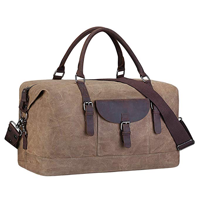 S-ZONE Oversized Travel Duffel Tote Bag Waterproof Waxed Canvas Genuine Leather Weekend Bag Carryon Overnight Weekender Handbag (Khaki)