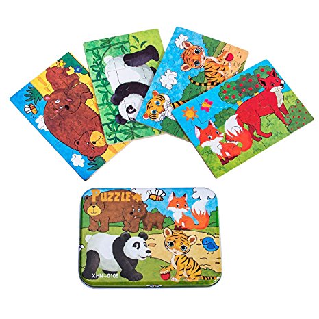 Kids puzzles for toddlers 3 years , 4 in 1 Wooden Jigsaw Puzzles with a Storage Box (Forest Animals)