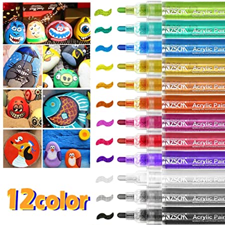 ZSCM Acrylic Paint Pens Metallic Markers, WaterProof Art Marker for Rock Painting, Ceramic, Glass, Wood, Fabric, Canvas, Mugs, DIY Craft Making Supplies, Scrapbooking Craft, Card Making,12 Colors