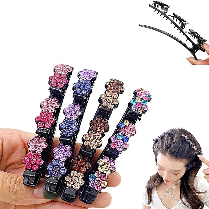ZOADLE 4PCS Sparkling Crystal Stone Braided Hair Clips for Women, Hair Clips for Braids, Satin Fabric Hair Bands with 3 Small Clips, Rhinestones Duckbill Hairpin Triple Barrette for Sectioning