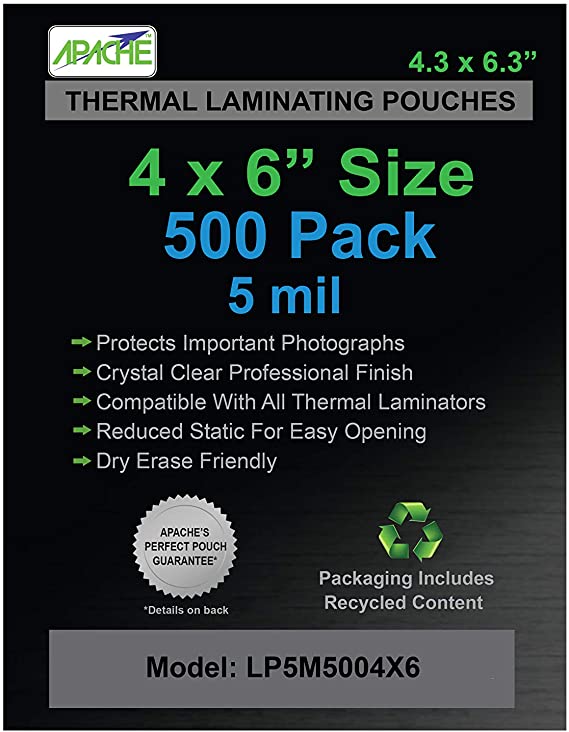 Apache Laminating Pouches, 5 mil, 4x6" Size, 500 Pack