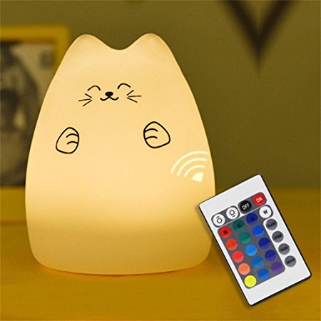 Cute Kitty LED Children Night Light with Remote, Multi-color Silicone Soft Baby Nursery Portable Lamp ,7-Color Light Breathing Mode, 1200mAh Li-ion battery ,USB Rechargeable,Tuscom (B)