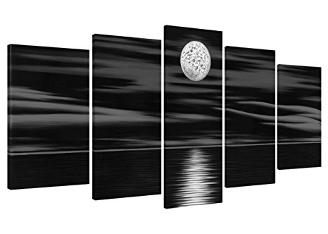 Wieco Art - Sea White Full Moon in Night 5 Piece 100% Hand Painted Wrapped Modern Abstract Black Ocean Beach Contemporary Oil Paintings on Canvas Wall Art for Living Room Bedroom Home Decorations