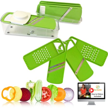 Multiple 4 Blade Mandoline Slicer for any Vegetable - Easy Cleaning, Food Container & FREE Bonus - Best For Carrots, Cheese, Cucumber, Onion, Tomato and Zucchini - Grater, Shredder, Julienne & Zester. Healthy Meals - Mandolin Slicer For a Gift