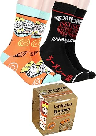 Bioworld Naruto Shippuden Men's Ichiraku Ramen Noodle Soup Cup Gift Set 2 Pairs Of Mid-Calf Crew Socks