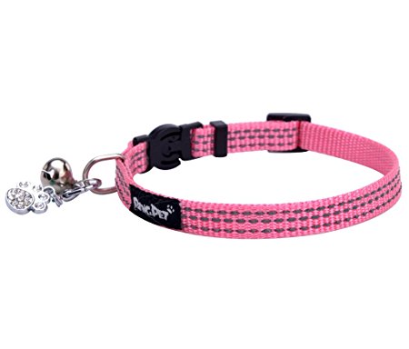 BINGPET Safety Nylon Reflective Cat Collar Breakaway Adjustable Cats Collars with Bell and Bling Paw Charm