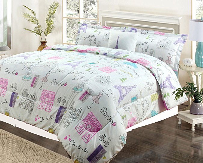 Full 4 Pc Bedding Girls Comforter Bed Set, Paris Eiffel Tower Bonjour Pink Purple
