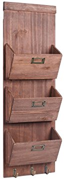Dwellbee Rustic Wood Wall Storage and Mail Sorter with Key Rack, 3-Tier (Pine Wood)