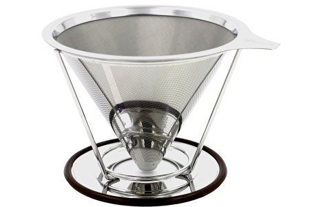 Bernito Stainless Steel Paperless Pour Over Coffee Dripper-Set Of Reusable Double Mesh Filter,Stand,Spoon;Fast and Easy Use