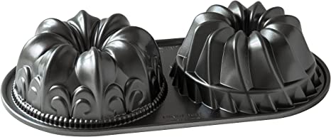 Nordic Ware Bundt Duet Pan, Cast Aluminium Bundt Tin, Bundt Cake Tin for 2 Cakes, Fleur de Lis and Kugelhopf Premium Cake Mould Made in the USA, Colour: Graphite