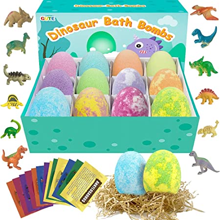 Gute Bath Bombs for Kids, 12 Pack Egg Dinosaur Bath Bombs with Surprise Inside, Kids Safe Organic Bath Bombs for Boys Girls, Women Spa Bath Fizzies Balls Kit, Ideal Birthday Christmas Easter Day Gift