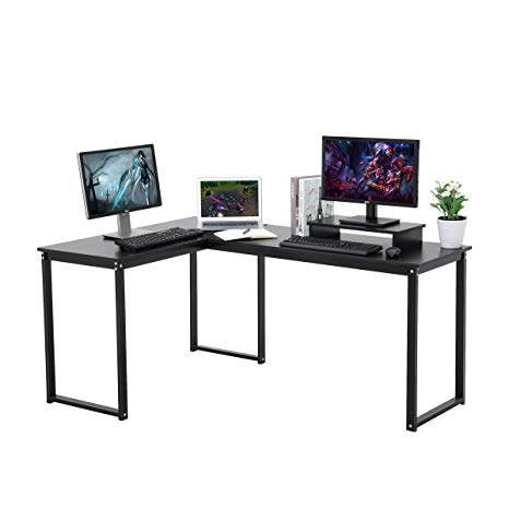 Computer Desk, LASUAVY L-Shaped Large Corner PC Laptop Study Table Workstation Gaming Desk for Home and Office - Free Monitor Stand - Wood & Metal - Black Wood Grain