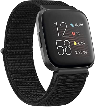 Adjustable Nylon Bands Compatible with Fitbit Versa 2 / Fitbit Versa/Versa Lite/Versa SE, Soft Breathable Sport Replacement Wristbands for Fitbit Versa Smart Watch Women Men (Pure Black)