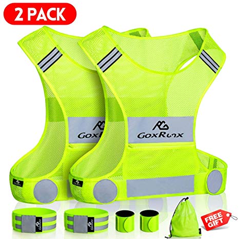 GoxRunx 2 Pack Reflective Running Vest Gear with Large Pocket & Adjustable Waist for Men Women,Ultralight & Comfy Reflective Vest for Walking Cycling,Hi Vis Safety Vest in 5 Sizes  4 Bands&Bag