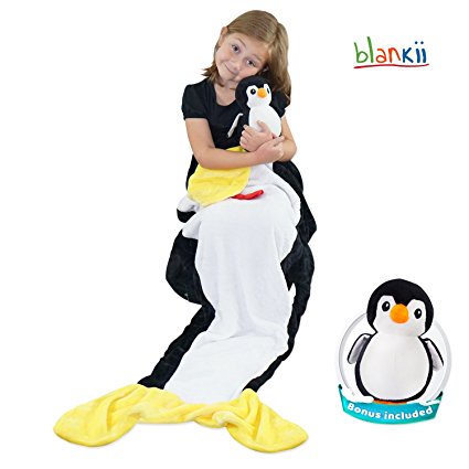 From Blankii Mermaid Tail - New Penguin Blanket Design For Kids - Super Soft & Cuddly Minky Fleece Fabric - Comes With Poco The Penguin Plush Toy For Twice The Fun!
