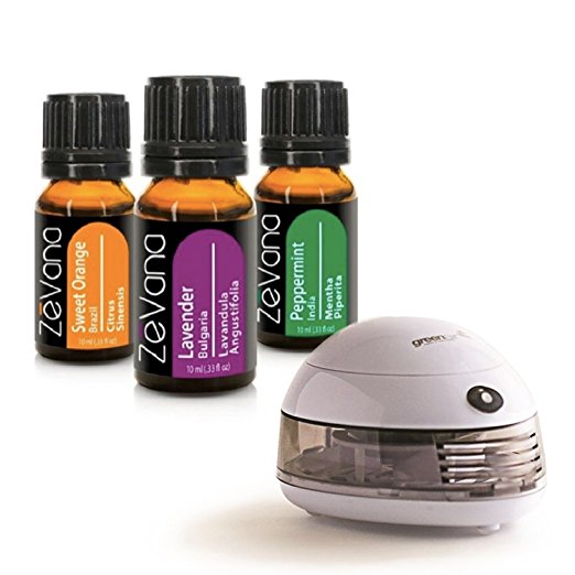 Essential oils/diffuser Zevana 3 pack of oils WITH Portable Diffuser 100% Therapeutic Grade (Lavender, Orange, Peppermint) Perfect essential oil combo
