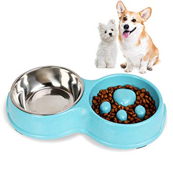 Lovinouse Slow Feeder Double with Stainless Steel Bowl for Dogs & Cats, Anti-Choking, with Non-Slip Pads, Food Water Bowls Set