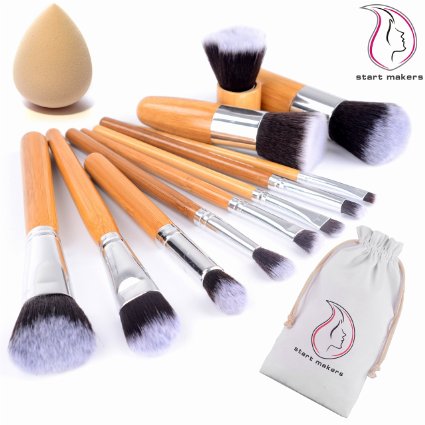Start Makers® 11pcs Makeup Brush Set - Natural Makeup Brushes - Cosmetics Tools - Bamboo Handles Makeup Brushes Set - Eco-friendly Soft Make up Brush Set - Beauty Makeup Sponge - Make up Brushes