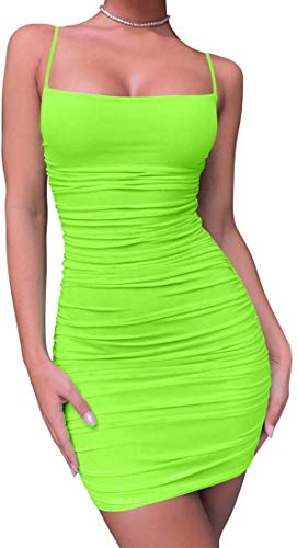 Kaximil Women's Sexy Bodycon Spaghetti Strap Ruched Mini Club Dresses