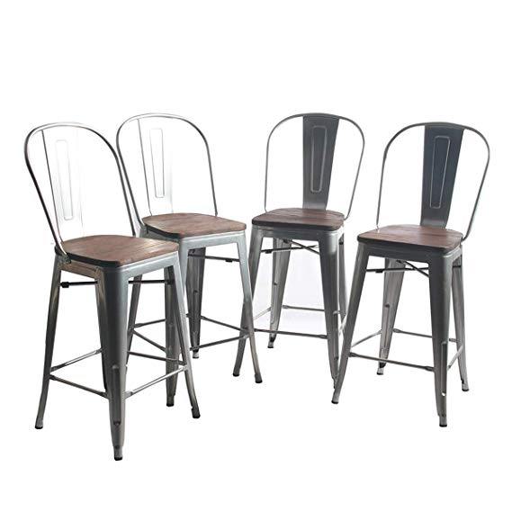 YongQiang Metal Barstools Set of 4 Indoor/Outdoor Bar Stools High Back Dining Chair Counter Stool Cafe Side Chairs with Wooden Seat 24" Silver