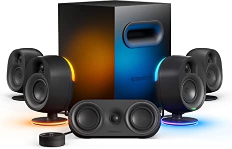 New SteelSeries Arena 9 Illuminated 5.1 Gaming Speakers – 5.1 USB Surround Sound – Wireless Rear Speakers – 2-Way Speaker Design – Subwoofer – Reactive RGB Light – PC, Playstation, Mobile, Mac