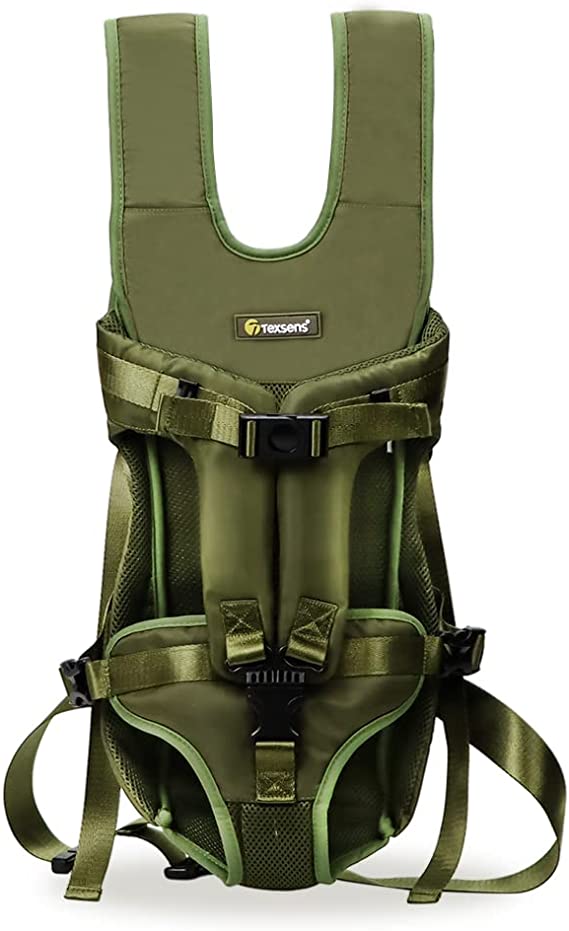 Texsens Dog Front Pack Carrier - Adjustable Hands-Free Pet Carrier Backpack, Legs Out, Easy-Fit Dog Travel Bag for Traveling Hiking Camping Cycling for Small Medium Dogs Cats Puppies(Medium, Green)