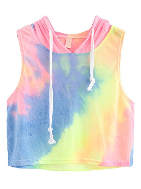 ROMWE Women's Summer Sleeveless Tie Dye Hooded Crop Top(One Size)