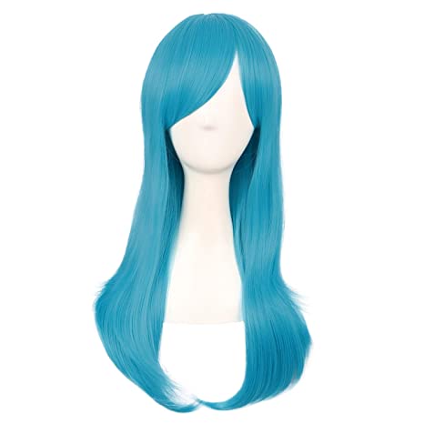 MapofBeauty 24 Inch/60cm Side Bangs Stylish Long Great Wavy Curly Cosplay Party Wig (Cyan Blue)