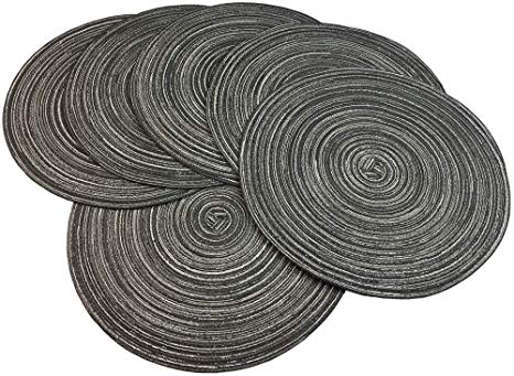 Red-A，Placemats,Round Placemats for Dining Table Set of 6 Woven Heat Resistant Non-Slip Kitchen Table Mats Diameter 14 Inch(Gray with Silver Silk)