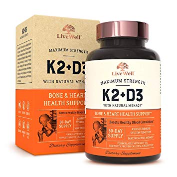 K2 D3 Vitamin Supplement by LiveWell | Bone & Heart Health Support - Vitamin K2 as MK7, Vitamin D3 5000 IU - 60 Day Supply