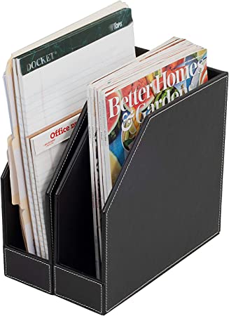 Executive PU Leather Vertical File Folder Holder & Office Product Organizer, Store Files, Magazines, Notepads, Books and more, 2 Pack Combo Set