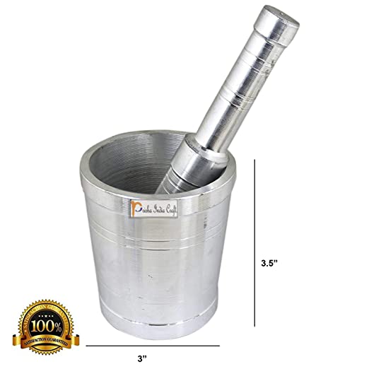 Prisha India Craft ® Heavy Gauge Aluminium Mortar and Pestle or Khal Dasta Ural Set, Aluminium Kitchen khalbatta Okhli Masher Gift Item