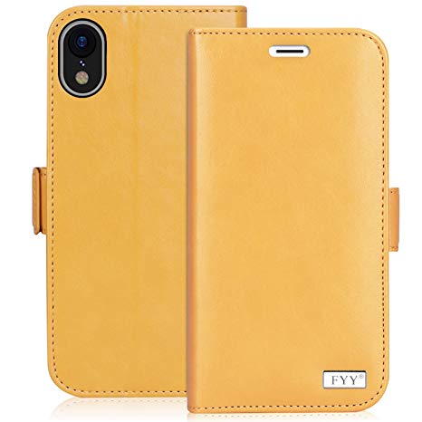 FYY [Premium Leather] Wallet Case Apple iPhone Xr 6.1 inch 2018, Handmade Flip Folio Wallet Case Kickstand Card Slots Magnetic Closure Apple iPhone Xr 6.1 inch 2018 Yellow