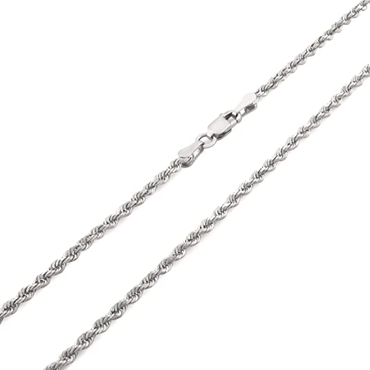 Nuragold 10k White Gold 2mm Rope Chain Diamond Cut Pendant Necklace, Mens Womens Lobster Lock 16" 18" 20" 22" 24" 26" 28" 30"