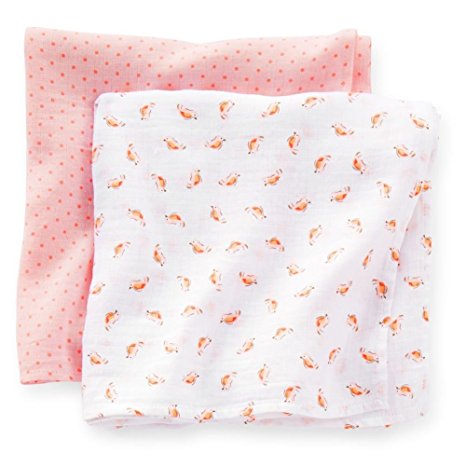 Carter's Unisex Baby 2 Pack Swaddle Blankets 100% Cotton Muslin (Pink Bird)