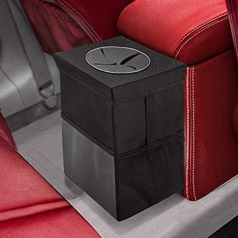 Car Trash Can with Lid - Car Trash Bag Hanging with Storage Pockets Collapsible and Portable Car Garbage Bin, 1.8 gal