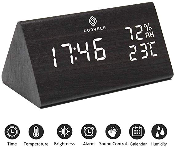 Dorvele Wood Alarm Clock - LED Powered Non-Blue Light Display - Adjustable White Brightness - Dual Temperature Time Humidity for Bedrooms - 3 Manual Alarm Settings - Living Room Decor - Ebook Inside
