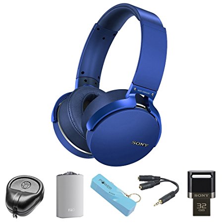 Sony XB950BT Extra Bass Bluetooth Headphones - Blue (MDRXB950BT/L)with HardBody Sized Headphone Case, A3 Port. Headphone Amplifier, 2600mAh Port. Keychain Power Bank, Splitter & 32GB Flash Drive