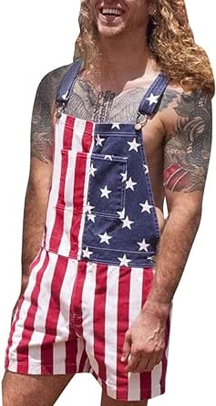 American Flag Overalls Men 4th of July Jean Jumpsuits Summer Denim Bib Shorts Outdoor Vintage Distressed Jeans with Pockets