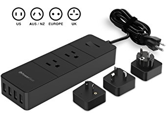 PowerBear Travel Adapter & Surge Protection Power Converter Strip | Charging Station with USB Ports | Global Power Adapter with 3 International Power Adapters - Black [24 MONTH GUARANTEE]