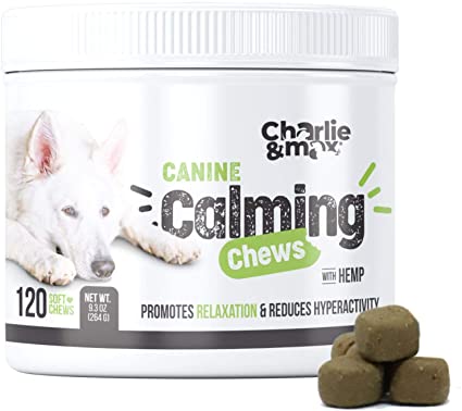 Charlie & Max Canine Calming Chews - for Puppies and Dogs, Promotes Relaxation, Anxiety Relief, Natural Sleep Aid, Hemp Pet Treats, Duck Flavor, 120 Soft Chews