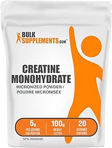 BULKSUPPLEMENTS.COM Pure, Unflavored Creatine Monohydrate Supplement - Micronized Creatine Powder (5000mg per serving) - Creatine Pre Workout for Muslce Growth, Increased Strength and Energy - Creatine Monohydrate (100 Grams)