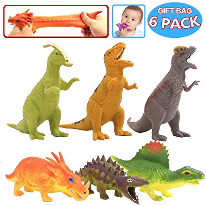 Dinosaur Toy,8 inch Rubber Dinosaur Set(6 Pack),Food Grade Material TPR Super Stretches,With Gift Bag And Learning Card,ValeforToy Realistic Dinosaur Figure Squishy Toy For Boy Kid Party Favor