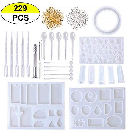 PRALB 229PCS Resin Silicone Casting Molds Tools Set, Resin Jewelry Casting Molds Cabochons Molds for Resin, Clay, Jewelry Making Molds with Oval, Heart, Square, Circle Shape